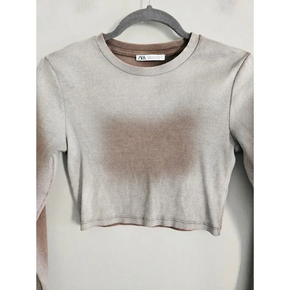 Zara Brown Spray Paint Style Ribbed Top M